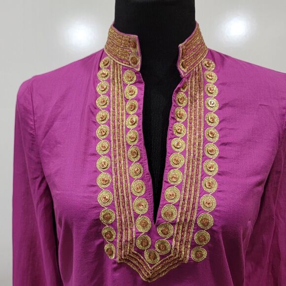 Tory Burch Magenta Sheer Gold Embroidered Beaded Button Trim Tunic Small Artsy - Picture 8 of 12